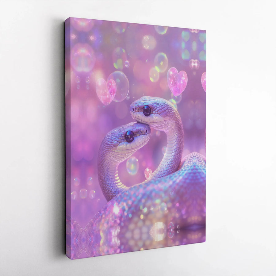 Pastel Snake Couple Canvas Wall Art | Aesthetic Heart Bubbles Print | Premium Gallery-Wrapped Decor | Cute Romantic Gift For Her