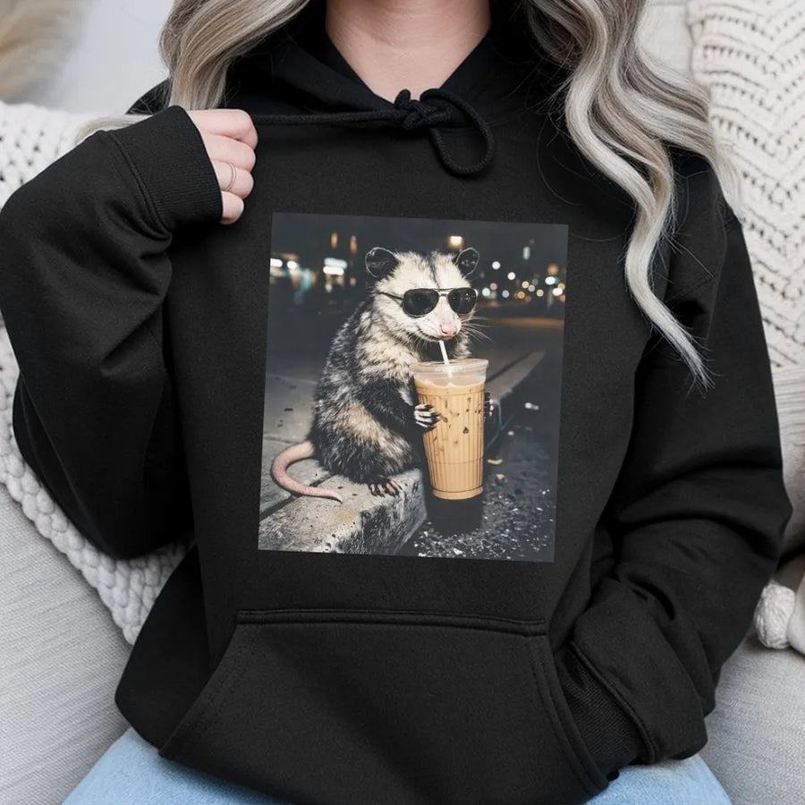 Funny Opossum Meme Hoodie | Possum Drinking Iced Coffee Graphic | Cozy Unisex Crewneck | Vintage 90s Streetwear Gift for Animal Lovers
