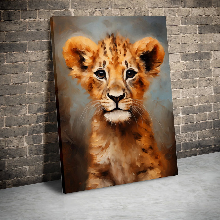 Lion Cub Vertical Canvas | Wildlife Oil Painting Style Art | Premium Thick Gallery Canvas | Nursery Decor Gift for Animal Lover