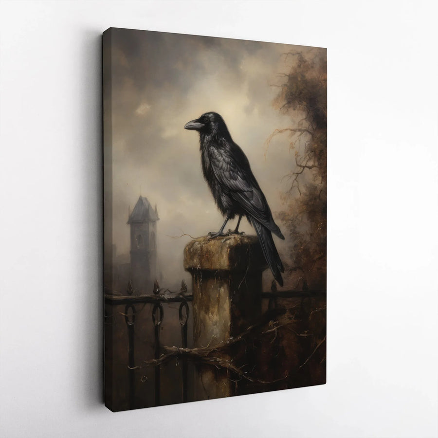 Gothic Crow Vertical Canvas | Moody Perched Raven Painting Wall Art | Premium Thick Gallery Wrap Canvas | Dark Academia Home Decor Collector's Gift
