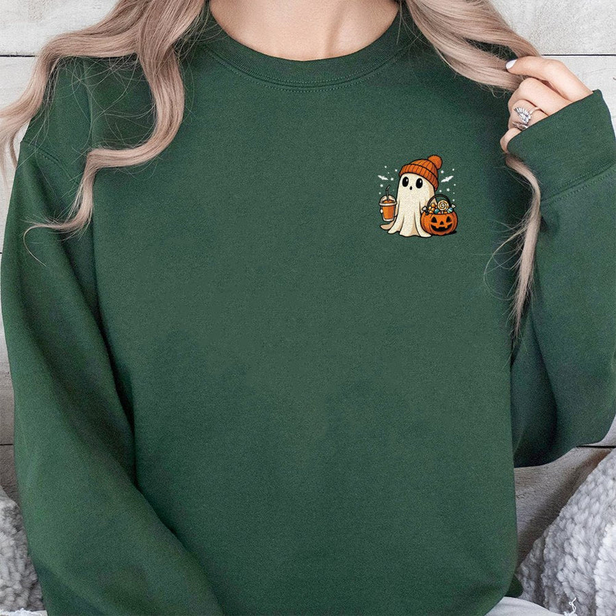 Cute Ghost Sweatshirt | Halloween Pumpkin Spice Latte Design | Cozy Cotton Blend Crewneck | Fall Graphic Apparel Gift for Her & Him