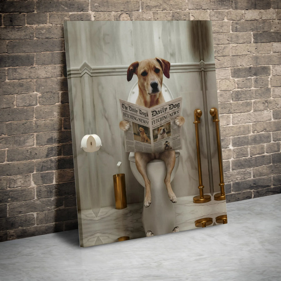 Funny Dog on Toilet Canvas Wall Art | Dog Reading Newspaper in Bathroom | Premium Gallery Wrap Canvas | Unique Gift for Dog Lover & Bathroom Decor