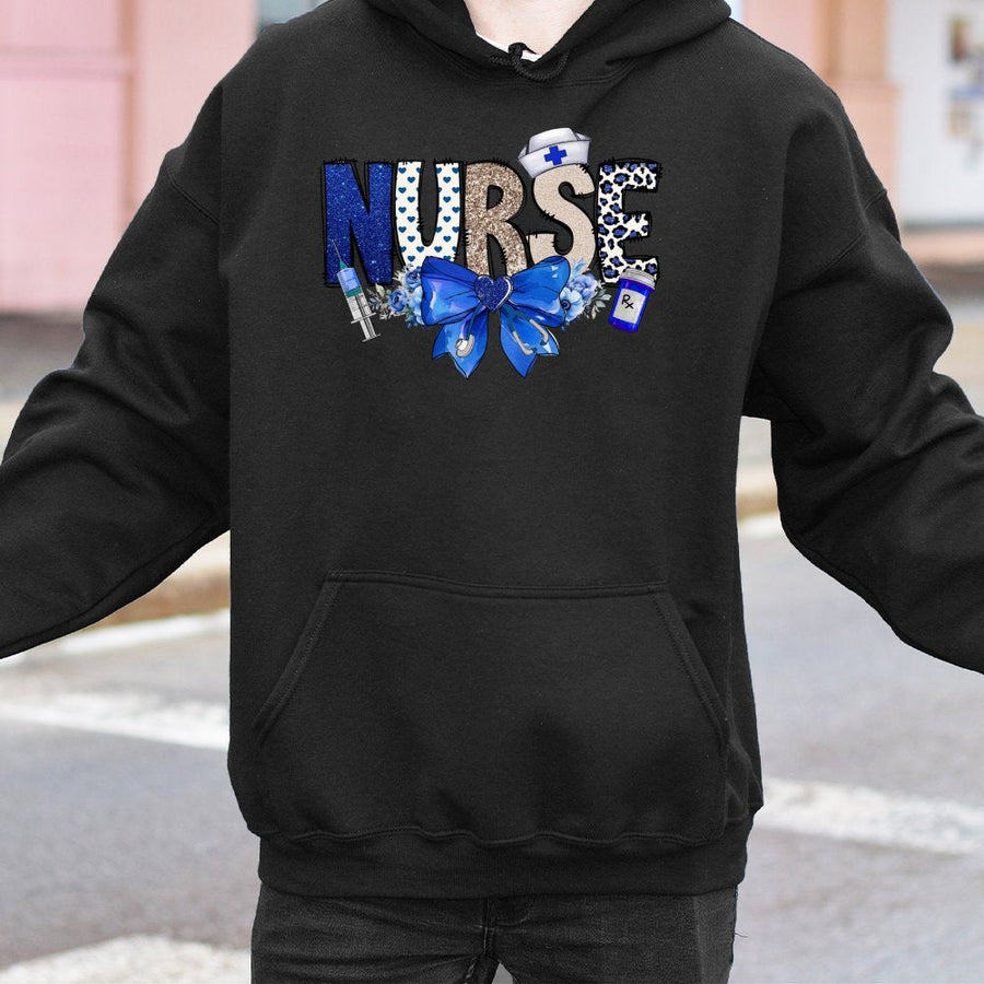 Nurse Hoodie | Blue Coquette Floral Bow Aesthetic | Soft Cotton-Polyester Blend | Nursing School Graduation Gift for Her