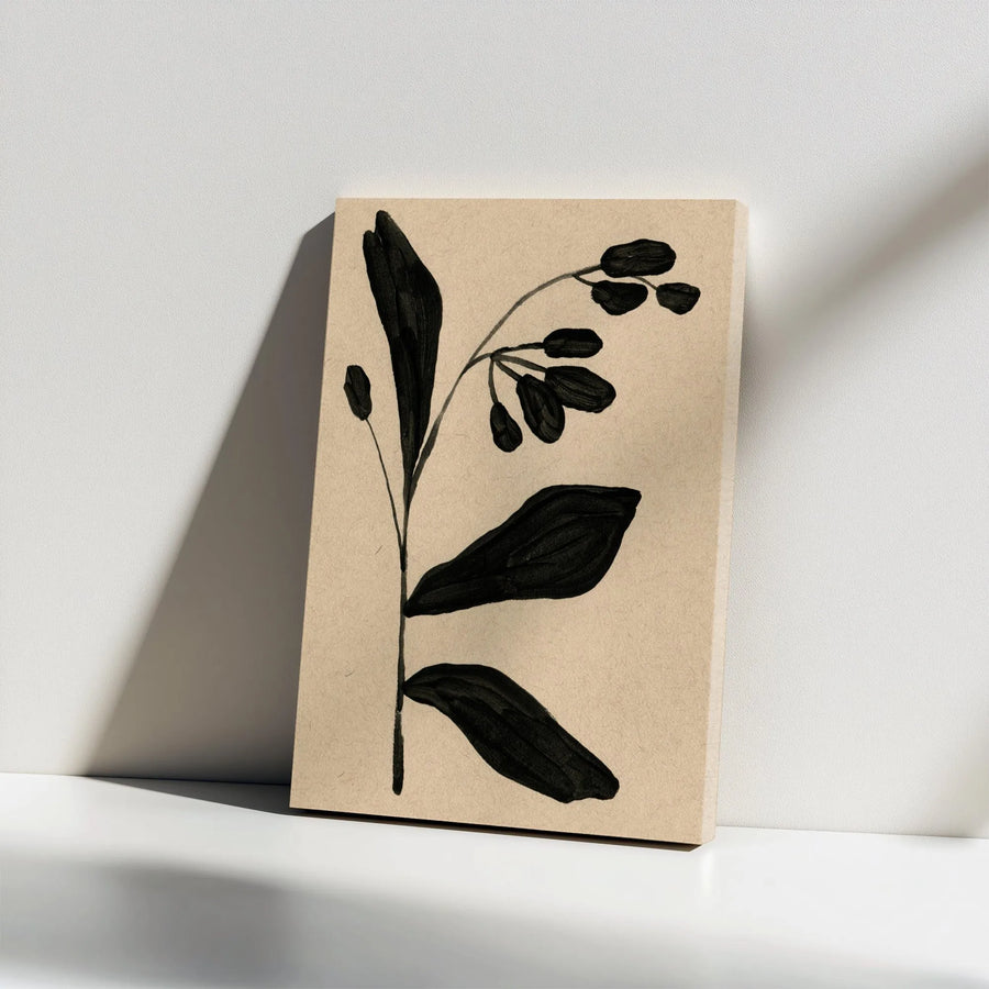 Minimalist Botanical Canvas Wall Art | Black Ink Plant Illustration on Textured Paper | Premium 1.25" Thick Profile | Modern Home Decor Gift