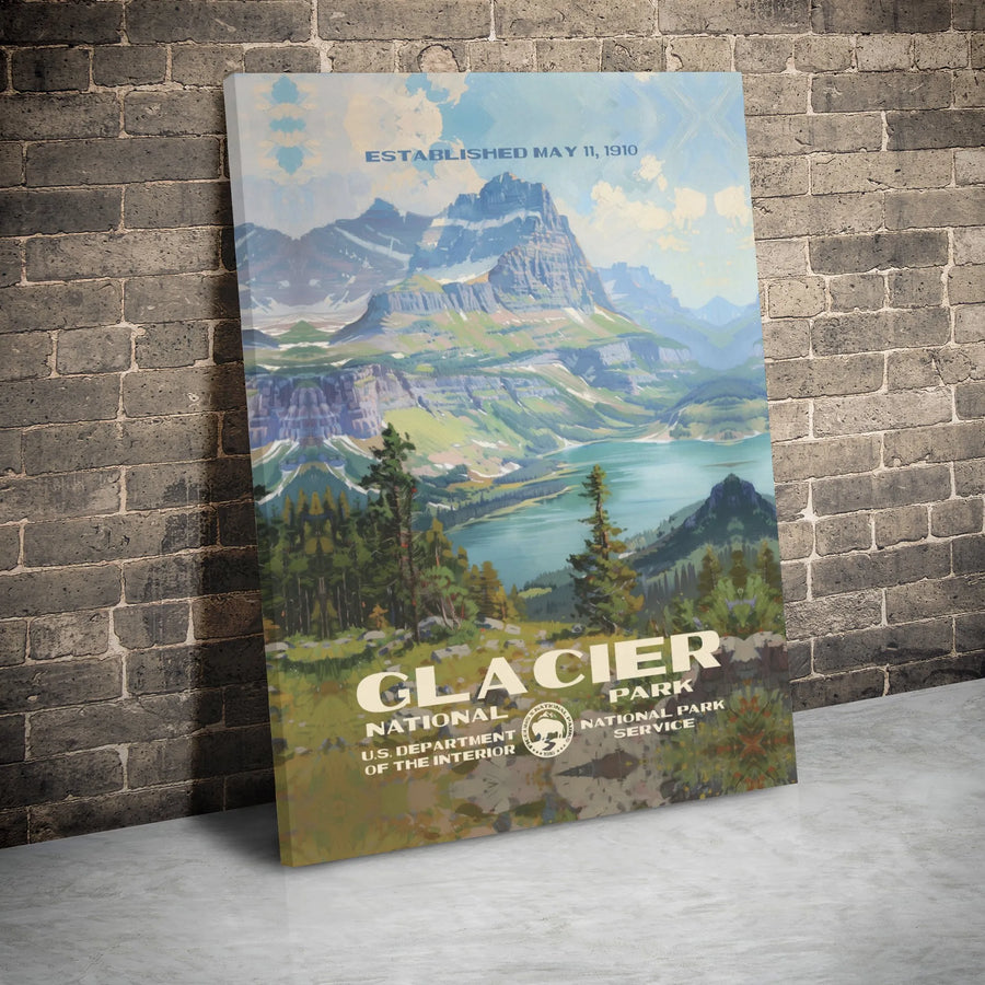 Glacier National Park Canvas Print | Vintage WPA Style Travel Poster Art | Premium 1.25 Inch Gallery Wrap | Montana Nature Lover Gift