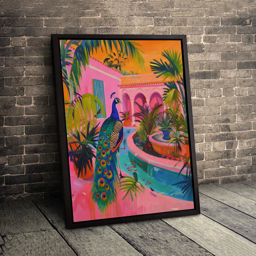 Vibrant Peacock Canvas Wall Art | Tropical Pink Villa Courtyard Print | Premium 1.25 Inch Gallery Wrap | Maximalist Home Decor Gift