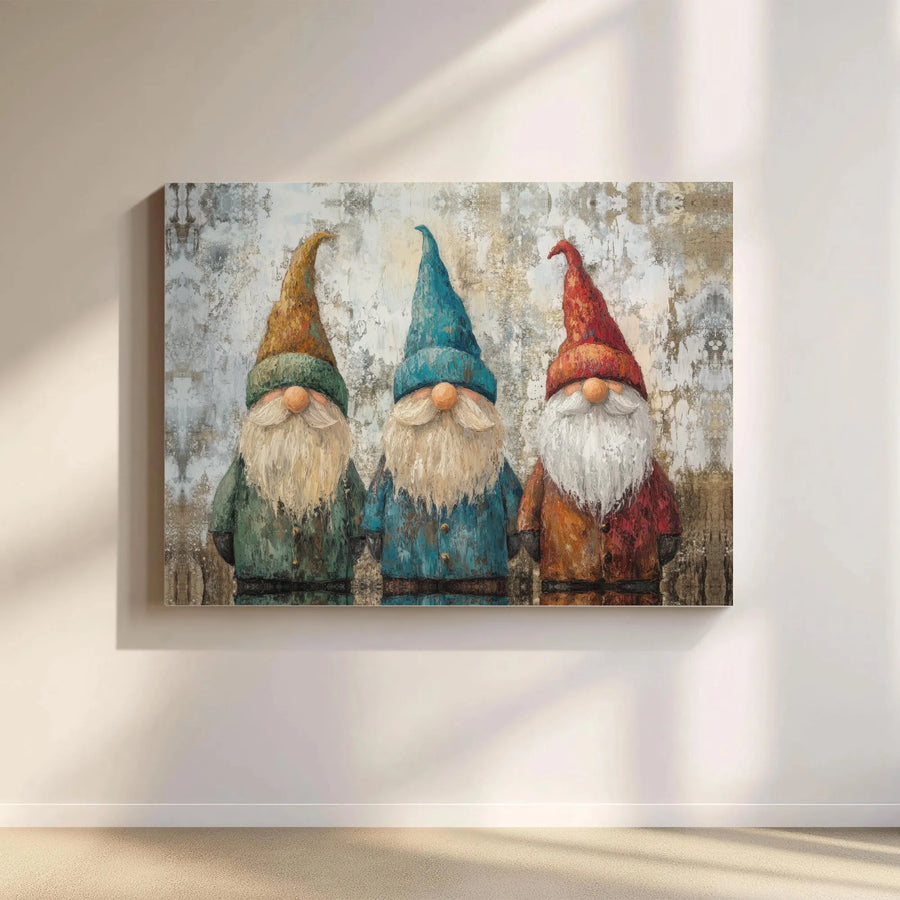 Three Gnomes Wall Art | Whimsical Oil Painting Style Canvas | Premium 1.25-Inch Gallery Wrap | Rustic Home Decor Gift for Gnome Collectors