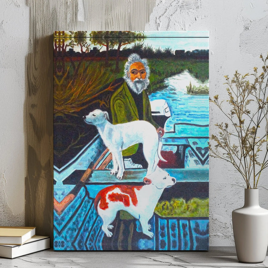Old Man and Dogs Boat Canvas Art | Whimsical Fisherman Oil Painting Style | 1.25" Gallery Wrap Premium Print | Rustic Nautical Home Decor Gift