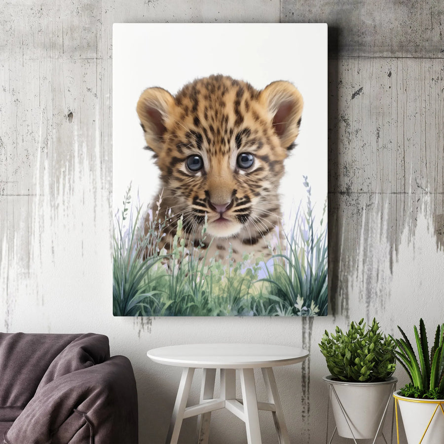 Cute Leopard Cub Canvas Wall Art | Watercolor Animal Portrait | Premium Thick Gallery Wrap | Nursery Decor & Kids Room Art Gift