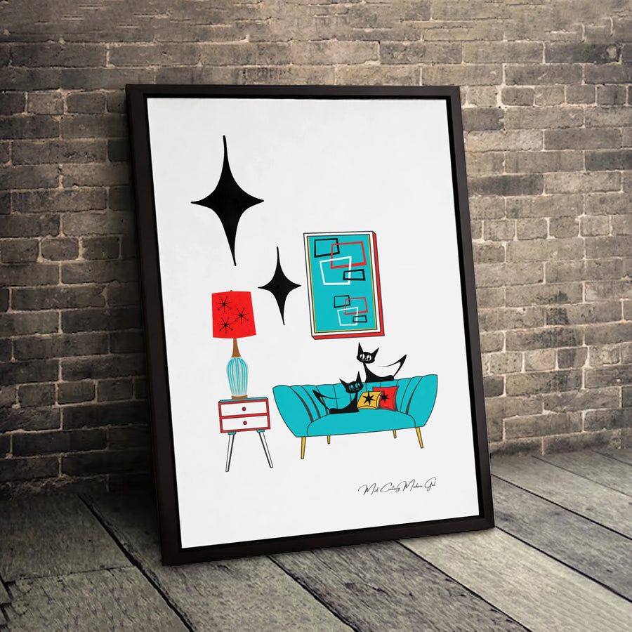 Mid Century Modern Black Cat Wall Art | Atomic Starburst Retro Decor | Premium Gallery Canvas | Aesthetic Living Room Gift for Cat Lovers