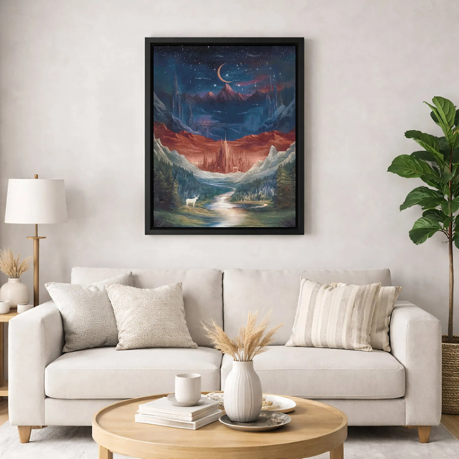 Fantasy Landscape Canvas Wall Art | Whimsical White Stag Forest Print | 1.25 Inch Premium Gallery Wrap | Enchanted Castle Decor for Fantasy Lovers