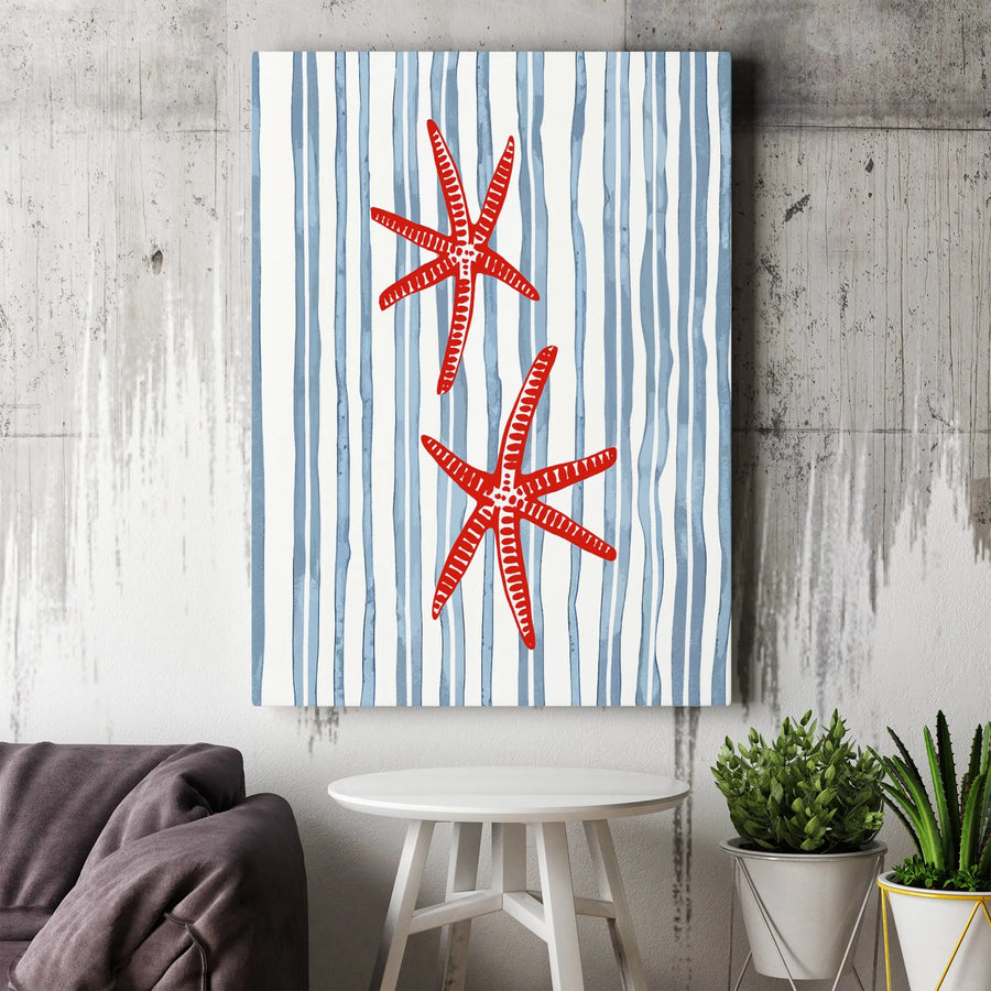 Red Starfish Canvas Wall Art | Coastal Striped Beach Decor | Gallery Wrapped Premium Print | Nautical Home Gift For Beach House