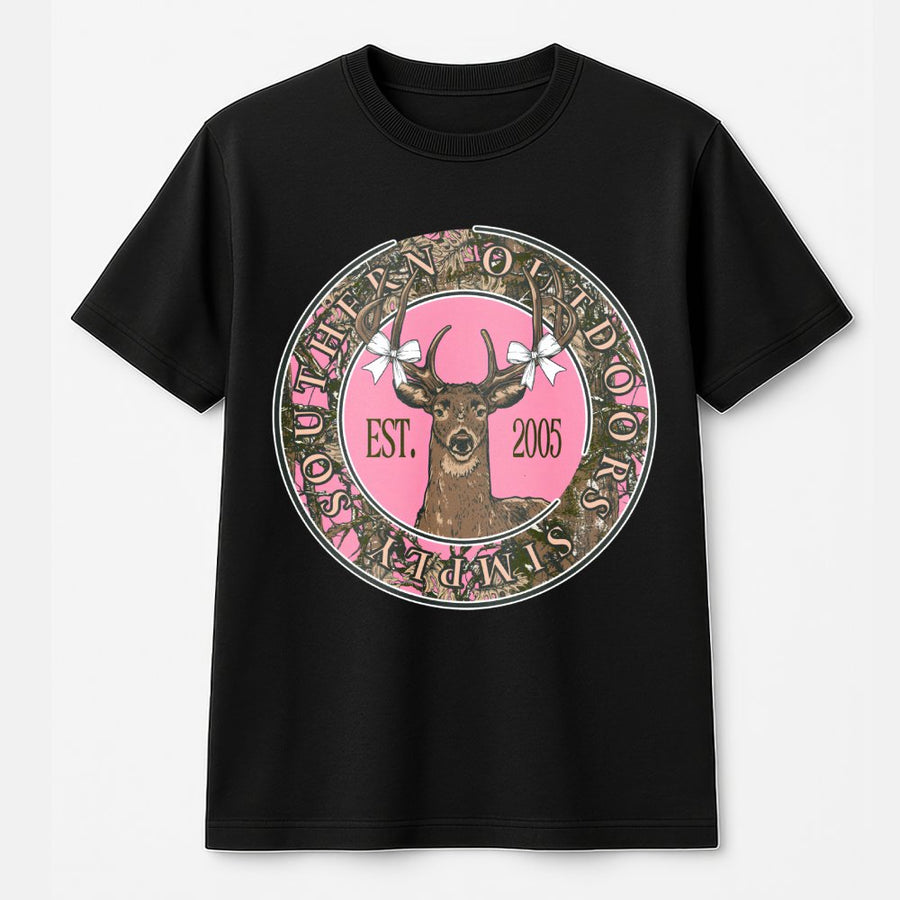 Country Deer Graphic T-Shirt | Pink Camo Bow Design | 100% Premium Cotton | Western Style Gift for Outdoorsy Women