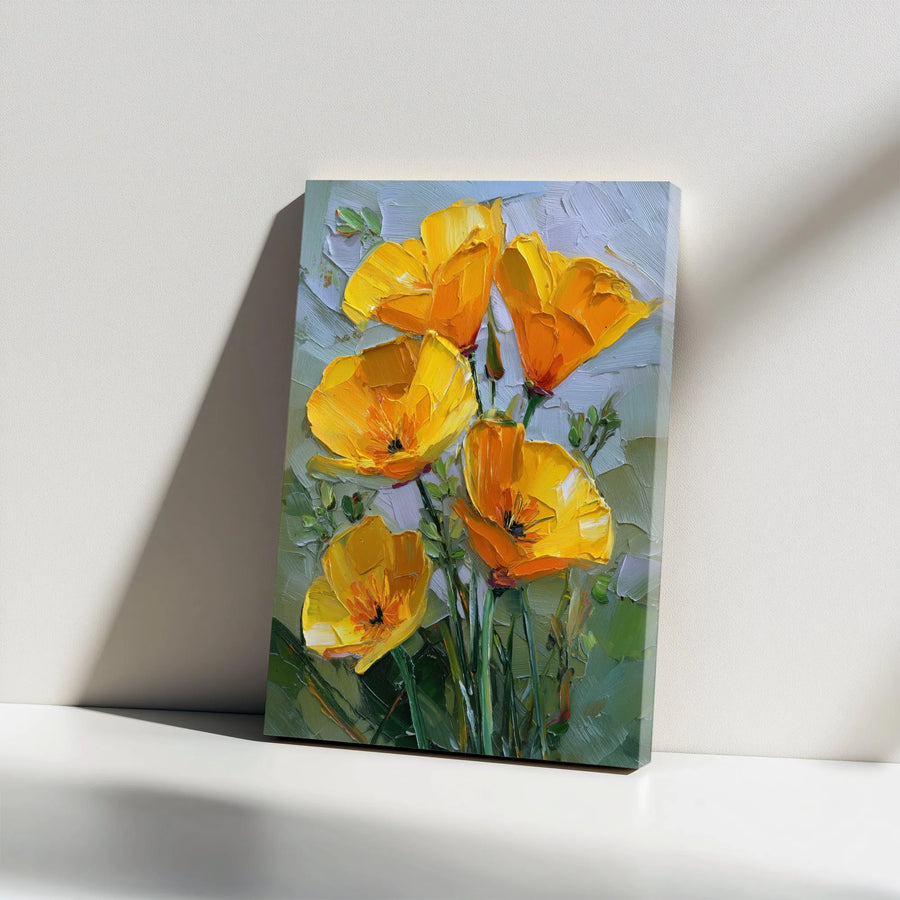 California Poppy Canvas Print | Impasto Floral Oil Painting | 1.25" Gallery Wrap Premium Art | Modern Home Decor Gift