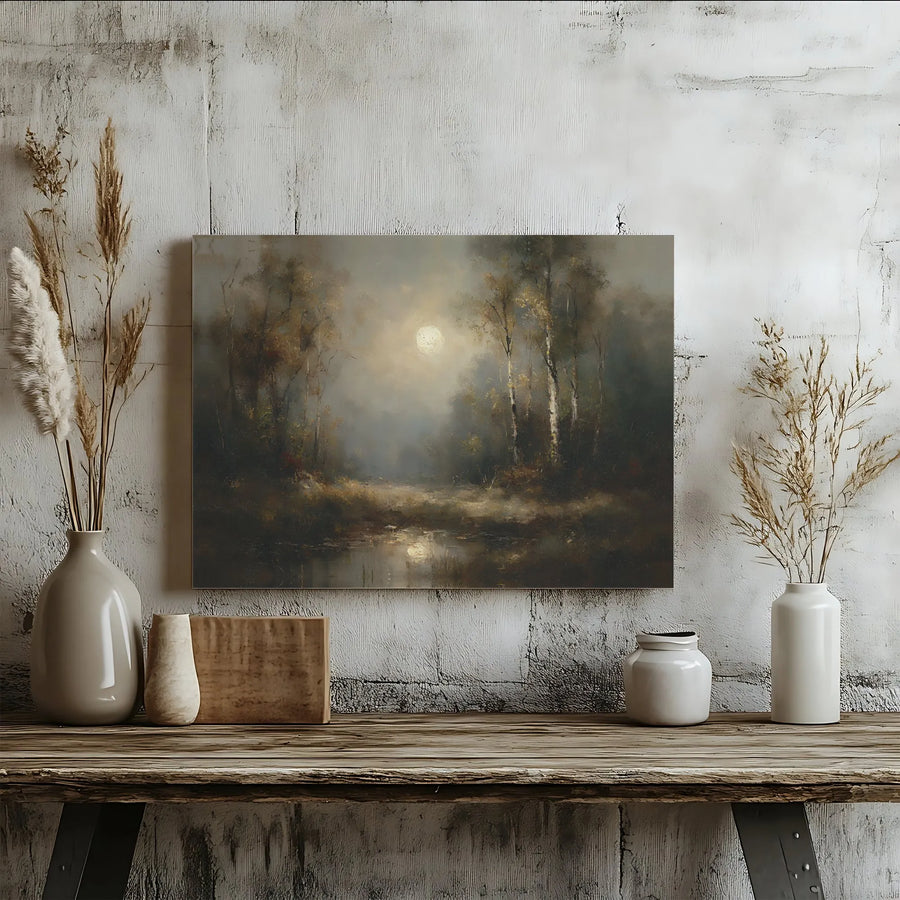 Misty Forest Landscape Canvas Wall Art | Moody Moonlit Lake Painting | Gallery-Wrapped Premium Print | Nature Home Decor Gift