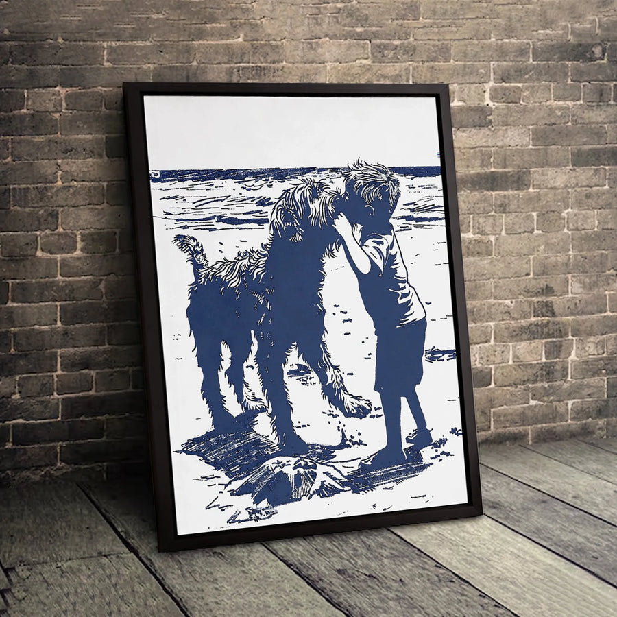 Boy and Dog Beach Silhouette Canvas Art | Heartwarming Coastal Pet Portrait | Premium 1.25" Gallery Wrap | Thoughtful Gift for Dog Lovers
