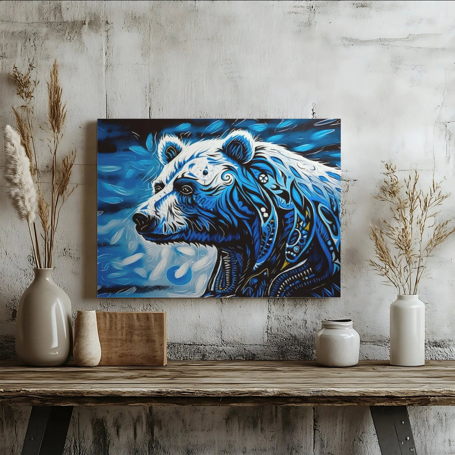 Abstract Polar Bear Canvas Wall Art | Tribal Blue Wildlife Design | 1.25-inch Premium Gallery Profile | Modern Home Decor Gift