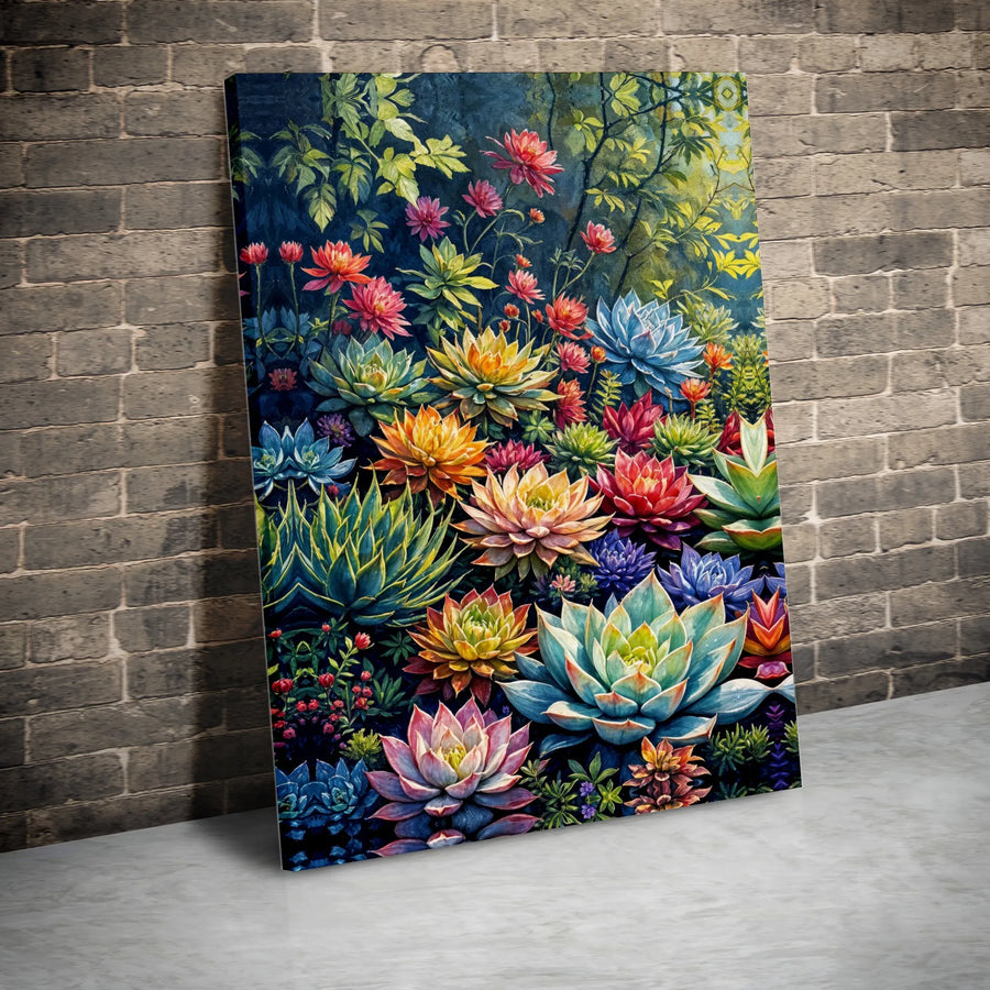 Vibrant Succulent Garden Canvas Wall Art | Colorful Botanical Painting Print | Premium Gallery Wrapped Canvas | Botanical Art for Living Room Decor