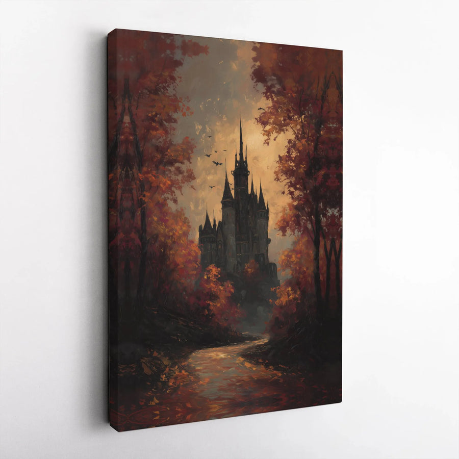 Gothic Castle Canvas Wall Art | Haunted Autumn Forest Painting | Premium Thick Gallery Wrap | Dark Fantasy Home Decor Gift