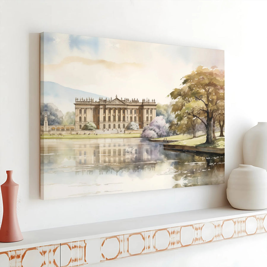 Stately Manor Landscape Canvas | Watercolor Lakeside Architecture Print | 1.25 Inch Gallery Wrap | Elegant Home Decor Wall Art