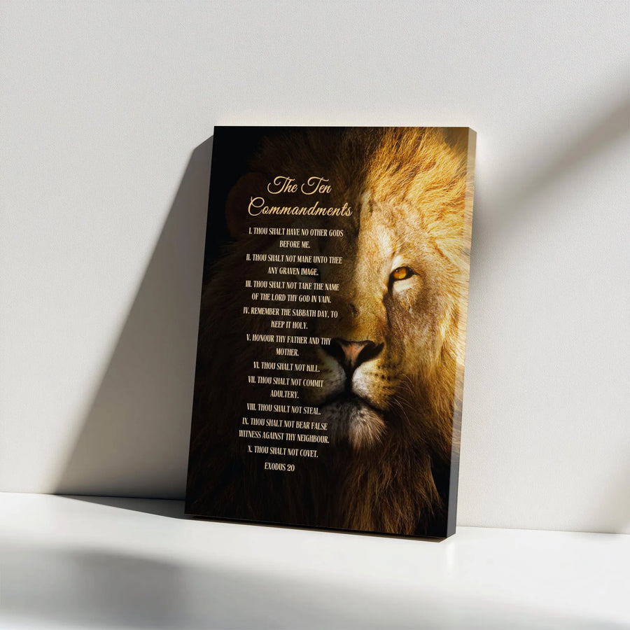 Ten Commandments Wall Art | Majestic Lion Face Religious Canvas | Premium Gallery Wrapped Decor | Christian Home Office Gift for Him