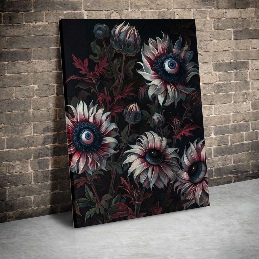 Surreal Eyeball Flower Canvas Wall Art | Macabre Botanical Illustration | Premium Frameless Gallery Print | Gothic Home Decor Gift