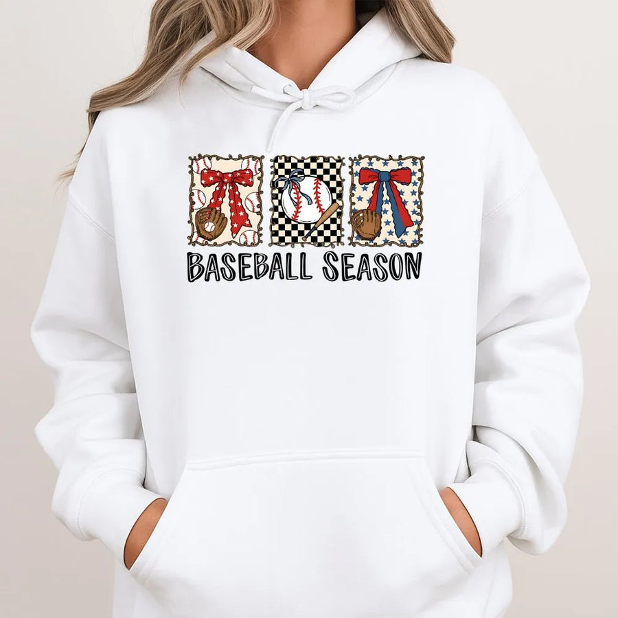 Baseball Season Hoodie | Retro Patriotic Bow Graphic Pullover | Soft Cotton Blend | Game Day Apparel Gift for Softball Mom