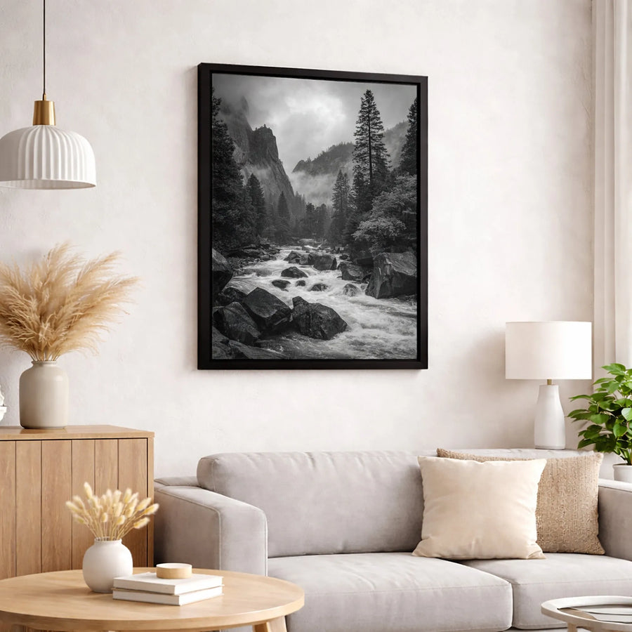 Yosemite Valley Landscape Canvas Print | Black and White Mountain River Photography | Premium Gallery Wrapped Wall Art | Modern Home Decor Gift