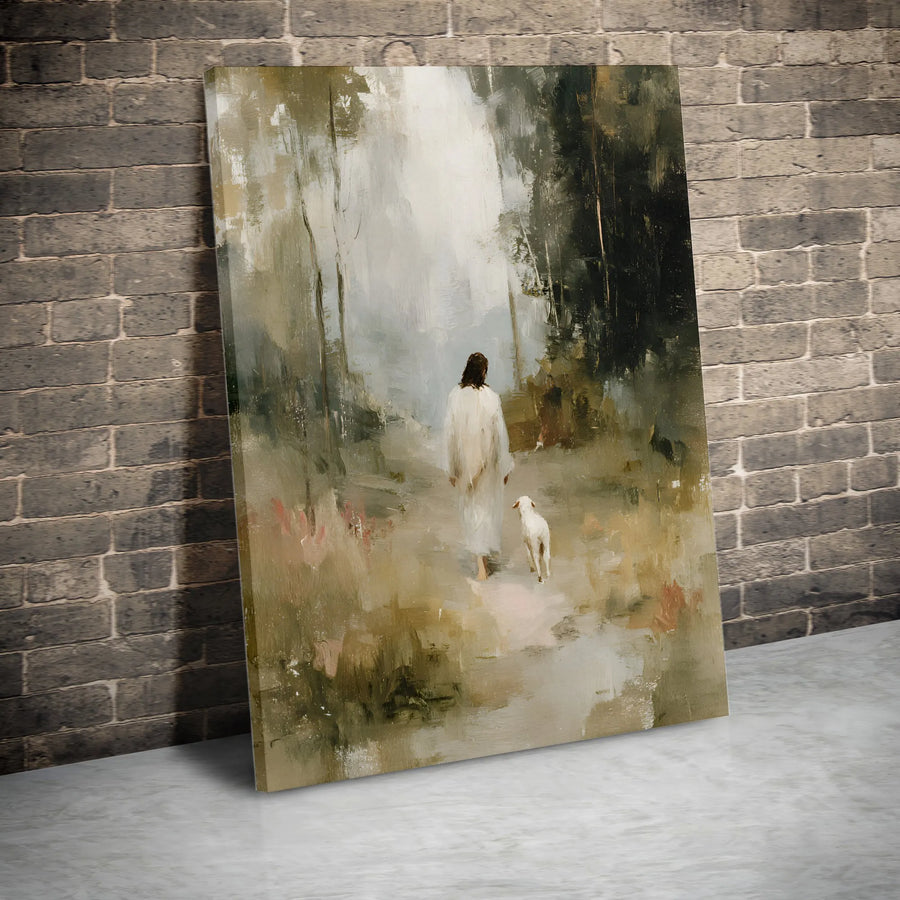 Jesus and Lamb Vertical Canvas | Christian Wall Art Painting Style | Premium 1.25" Thickness Print | Spiritual Religious Gift for Home Decor