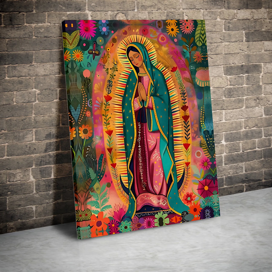 Our Lady of Guadalupe Canvas Print | Folk Art Floral Virgin Mary Wall Decor | Premium Fade-Resistant Gallery Wrap | Religious Catholic Gift