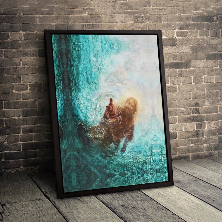 Jesus Reaching Hand Canvas Wall Art | Inspirational Underwater Painting | Premium Gallery Wrap Print | Religious Home Decor Gift