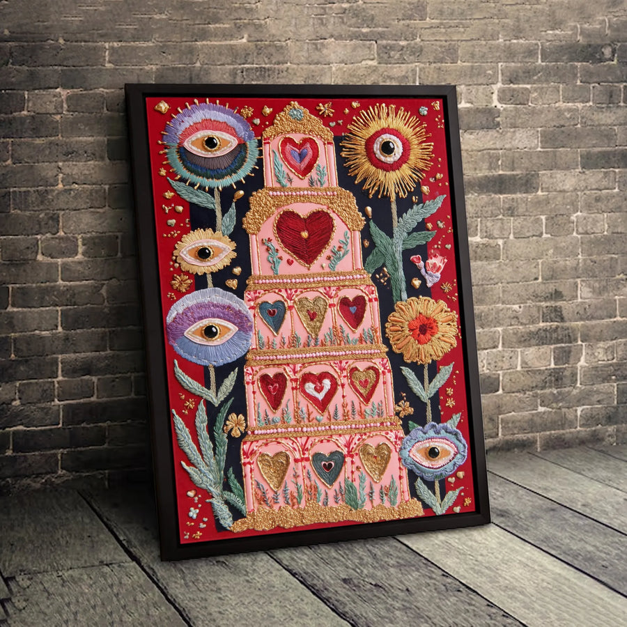 Surreal Heart Cake Canvas Art | Mystical All-Seeing Eye Flowers Print | Gallery-Quality 1.25" Thick Wall Decor | Unique Boho Gift for Her