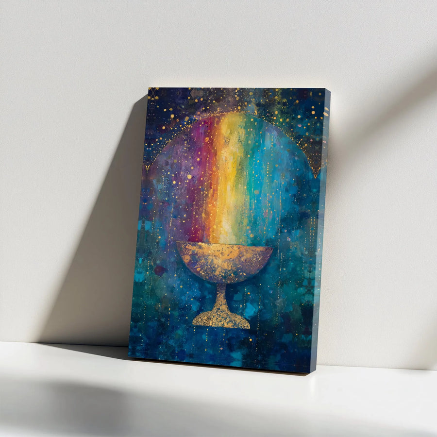 Abstract Rainbow Chalice Canvas Print | Gold Speckled Cosmic Painting | Premium Thick Gallery Wrap | Spiritual Home Decor Gift for Meditation Room
