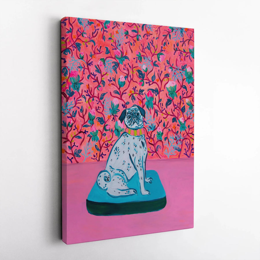 Colorful Pug Vertical Canvas | Pop Art Dog Portrait with Floral Background | Premium 1.25" Thick Gallery Wrap | Gift for Dog Lover, Modern Home Decor