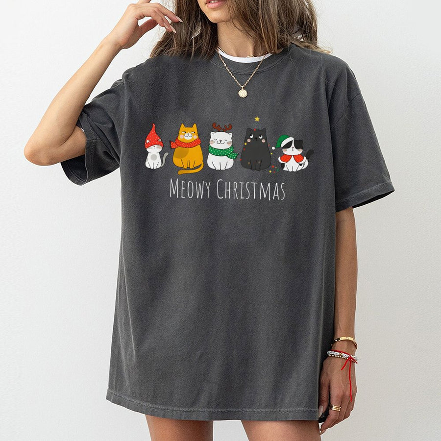 Meowy Christmas T-Shirt | Cute Festive Cat Graphic Design | Premium 100% Cotton Tee | Funny Holiday Gift for Cat Lovers