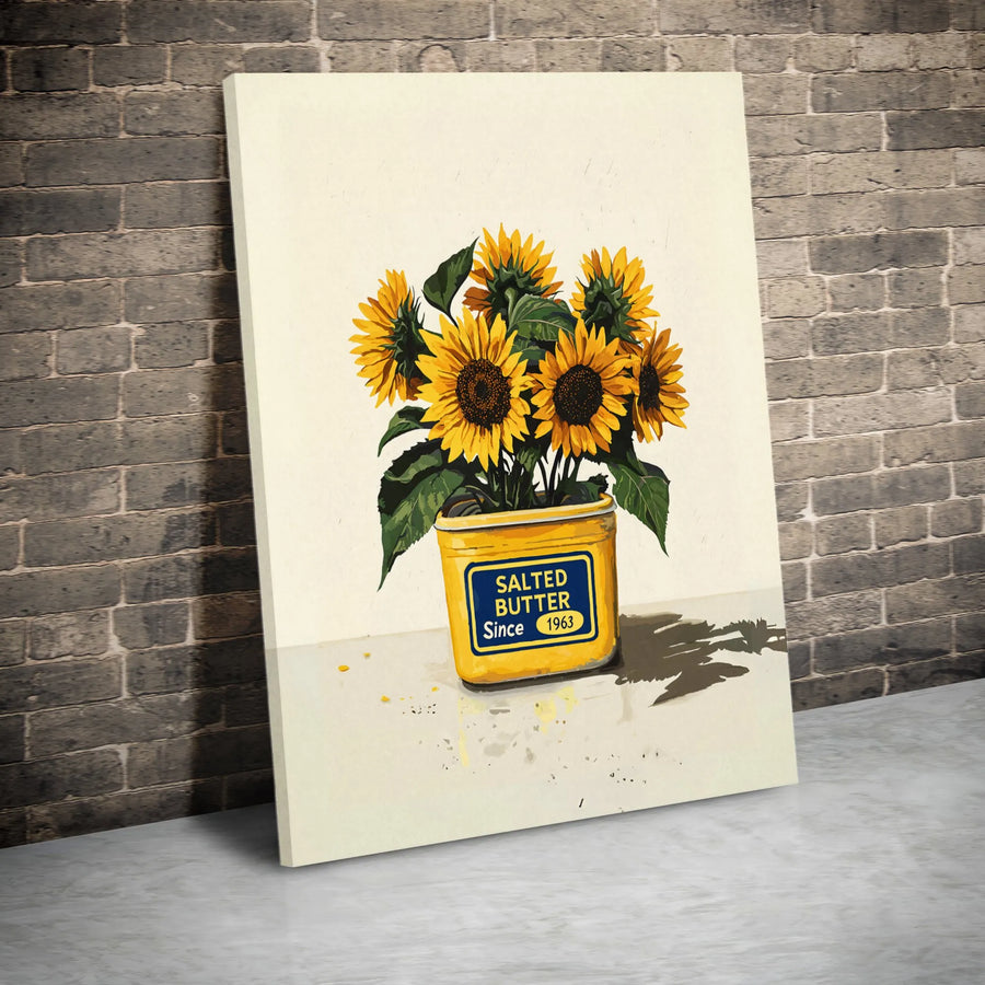 Sunflower Butter Tub Canvas Art | Quirky Kitchen Wall Decor | Premium 1.25-Inch Thick Gallery Wrap | Unique Gift for Foodies and Flower Lovers
