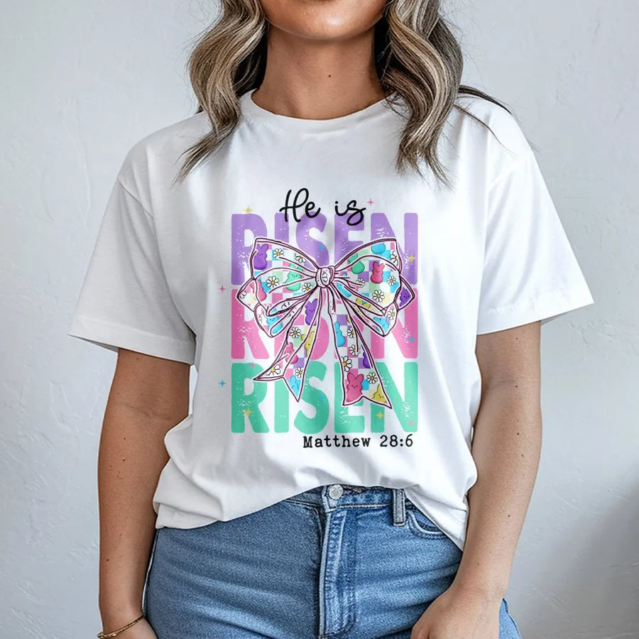 He Is Risen T-Shirt | Pastel Bow & Daisy Easter Design | 100% Cotton Premium Tee | Christian Religious Gift For Women & Men