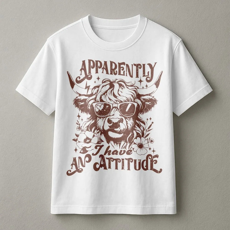 Highland Cow T-Shirt | Apparently I Have An Attitude Graphic Print | Premium Soft Cotton Tee | Funny Farm Animal Gift For Women & Cow Lovers