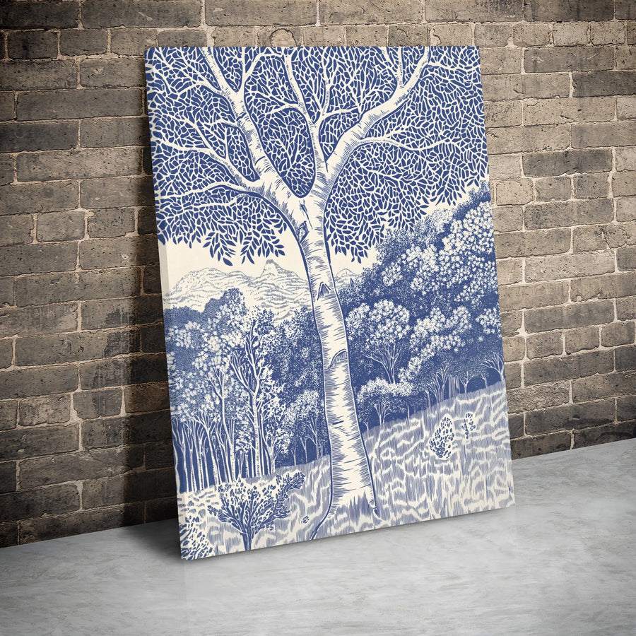 Birch Tree Forest Wall Art | Blue and White Woodcut Landscape | Gallery Wrap Canvas Print | Modern Nature Decor for Living Room or Office