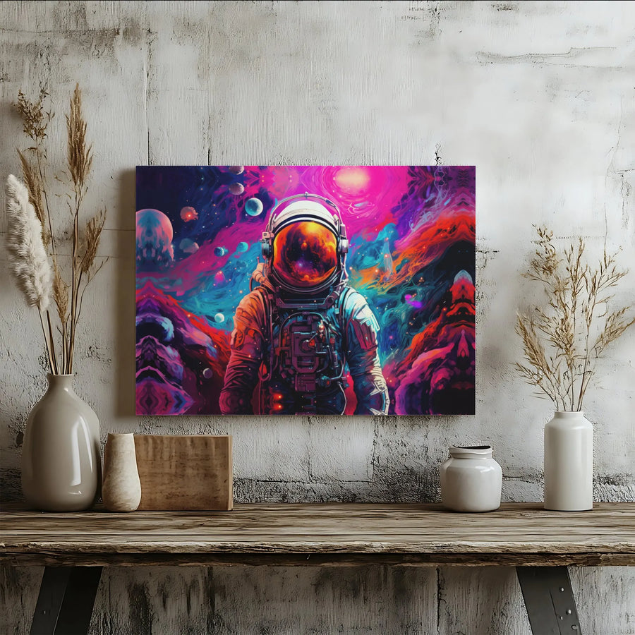 Psychedelic Astronaut Canvas Wall Art | Colorful Galaxy Nebula Portrait | Premium 1.25 Inch Gallery Wrap | Modern Space Decor Gift for Gamers
