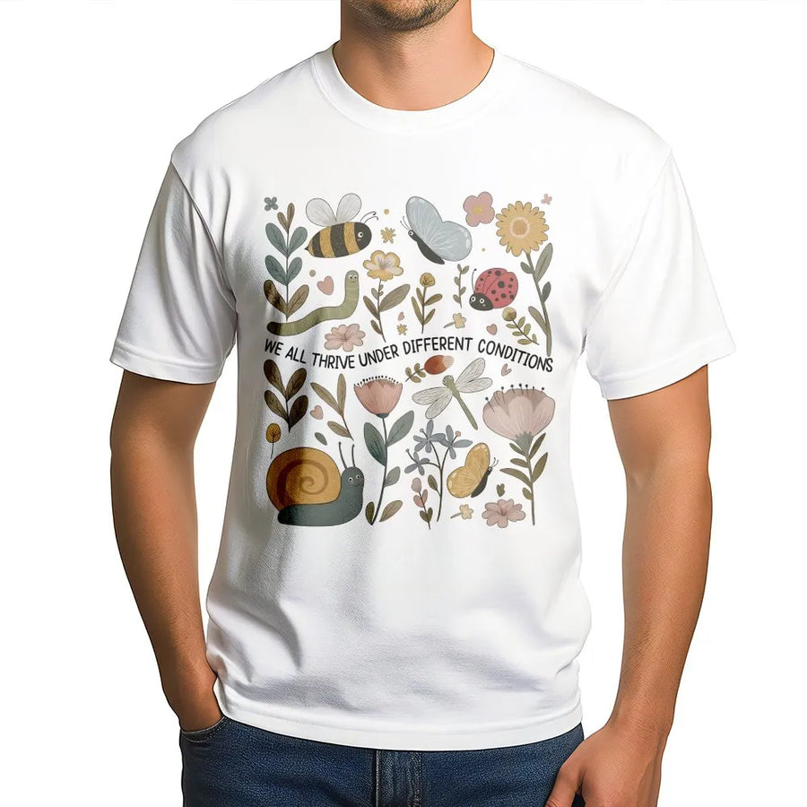 Autism Awareness T-Shirt | Cute Garden Insects & Floral Design | Soft Cotton Blend | Inspirational Neurodiversity Gift