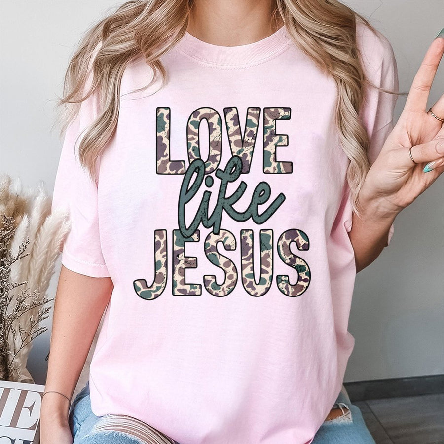 Love Like Jesus T-Shirt | Camo Print Christian Faith Graphic Tee | Premium 100% Cotton Soft Shirt | Religious Gift For Women & Men