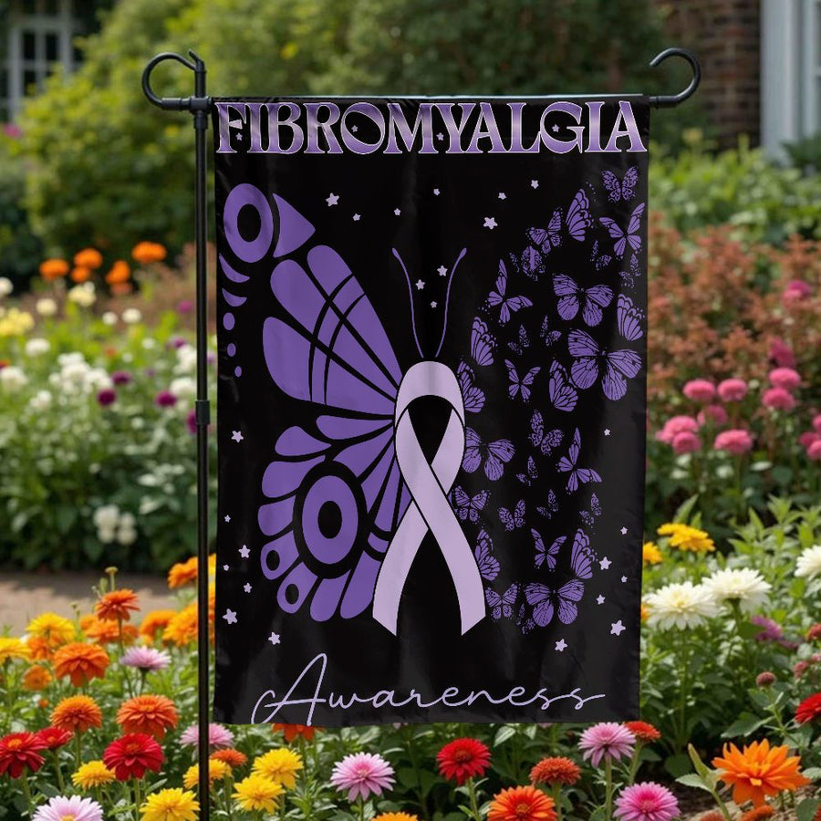 Fibromyalgia Awareness Garden Flag | Purple Butterfly Ribbon Design | Durable Premium Polyester | Support & Advocacy Outdoor Decor Gift