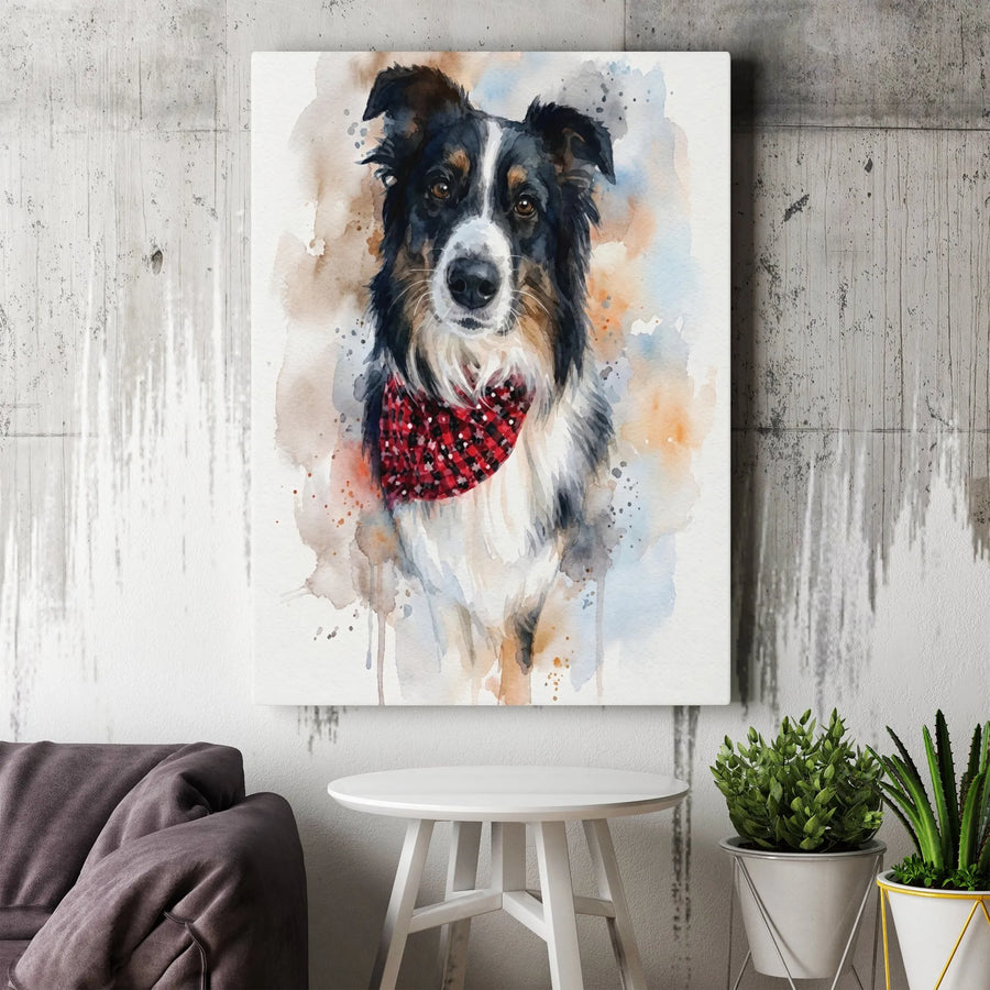 Border Collie Canvas Wall Art | Watercolor Dog Portrait with Red Plaid Bandana | Premium Gallery Wrapped Print | Perfect Gift for Dog Lovers