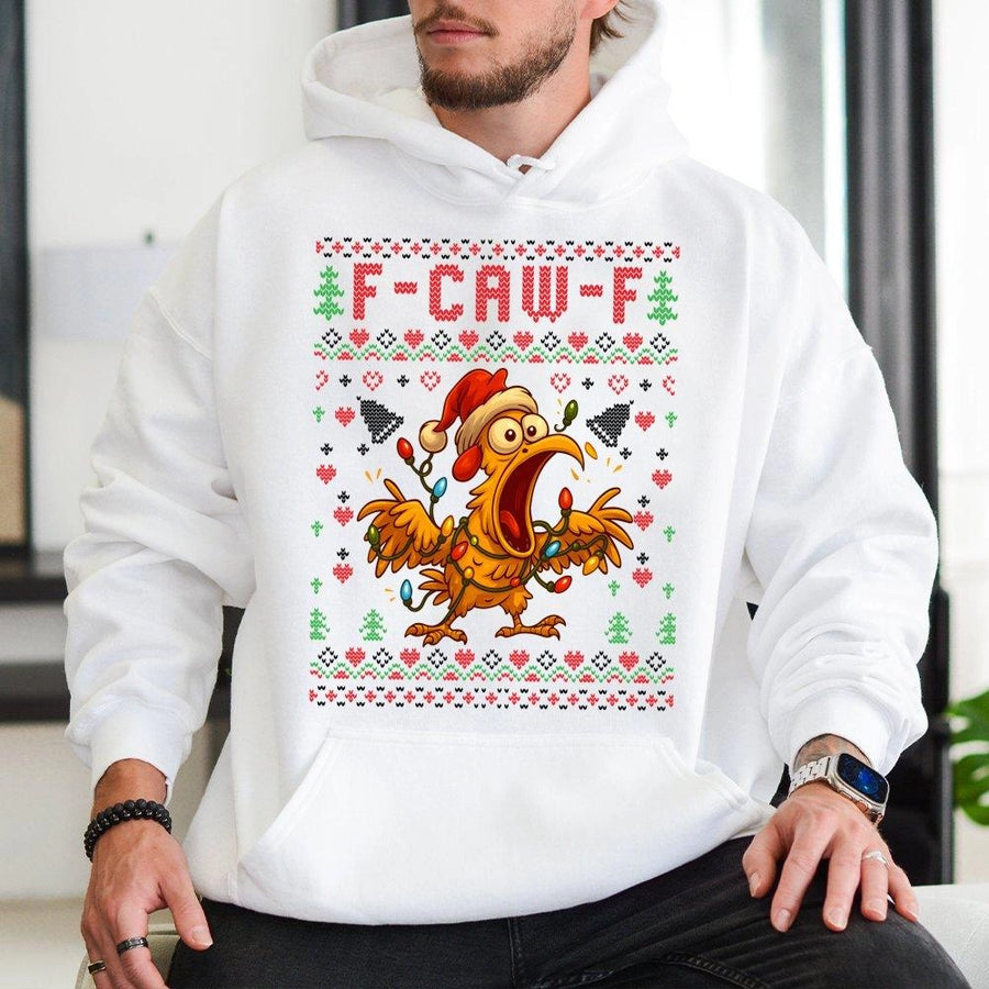 Funny Chicken Ugly Christmas Hoodie | F-Caw-F Poultry Holiday Graphic | Premium Cotton Blend Unisex Sweatshirt | Hilarious Xmas Party Gift