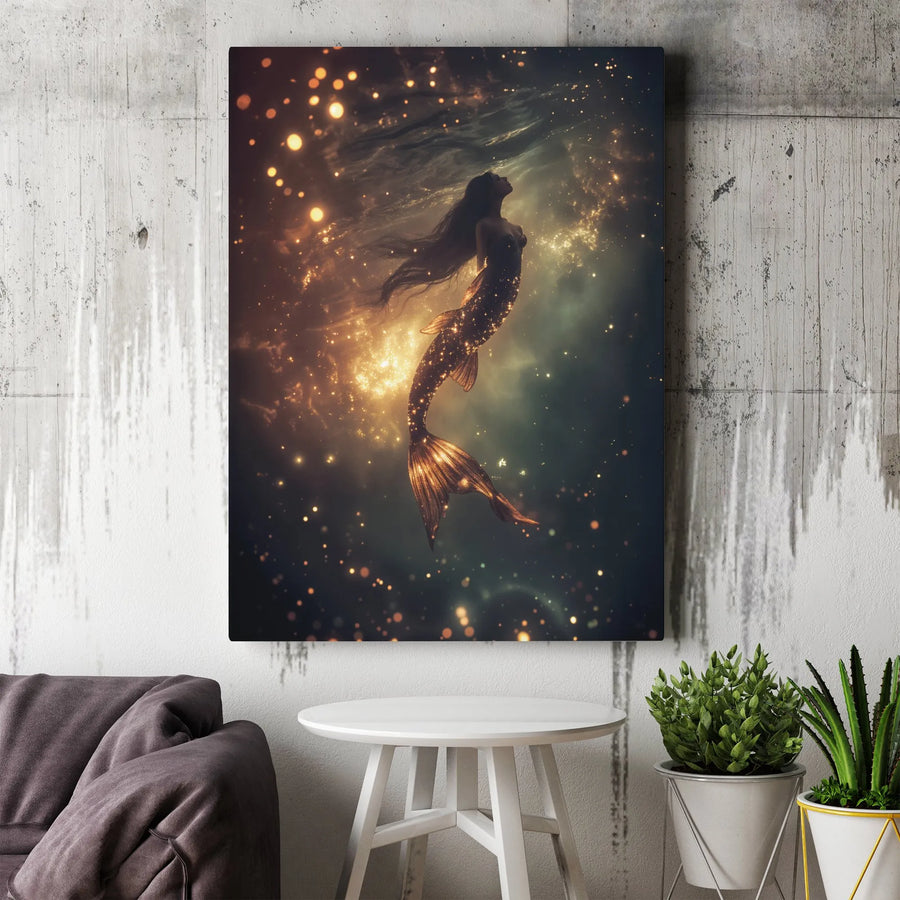 Mystical Mermaid Canvas Wall Art | Golden Light Underwater Fantasy Print | Premium Fade-Resistant Ink | Mythical Home Decor Gift