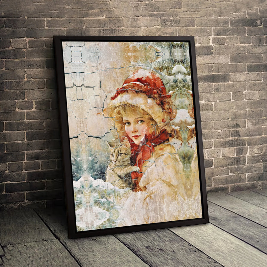 Victorian Girl With Cat Wall Art | Vintage Winter Illustration | Premium Fade-Resistant Canvas | Charming Christmas Holiday Home Decor Gift