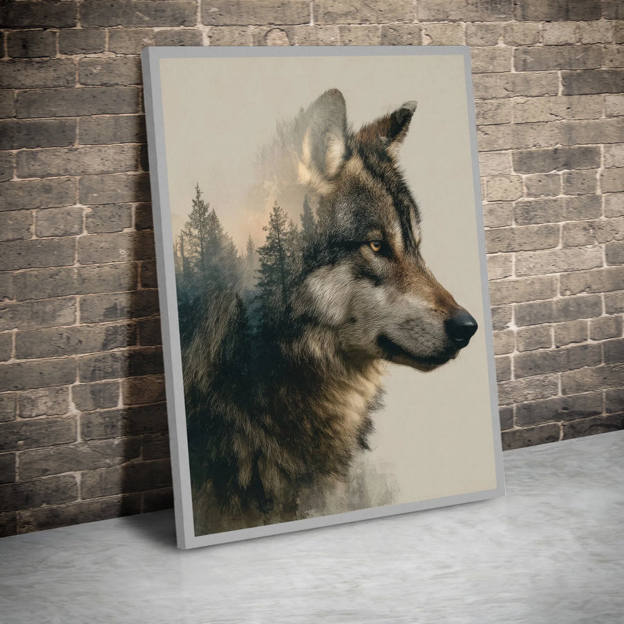 Wolf Canvas Wall Art | Double Exposure Pine Forest Silhouette | Premium Fade-Resistant Print | Rustic Cabin Decor Gift for Nature Lover