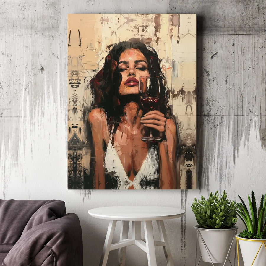 Woman With Red Wine Canvas Wall Art | Abstract Portrait Painting | Premium Gallery-Wrapped Print | Elegant Home Decor Gift For Her