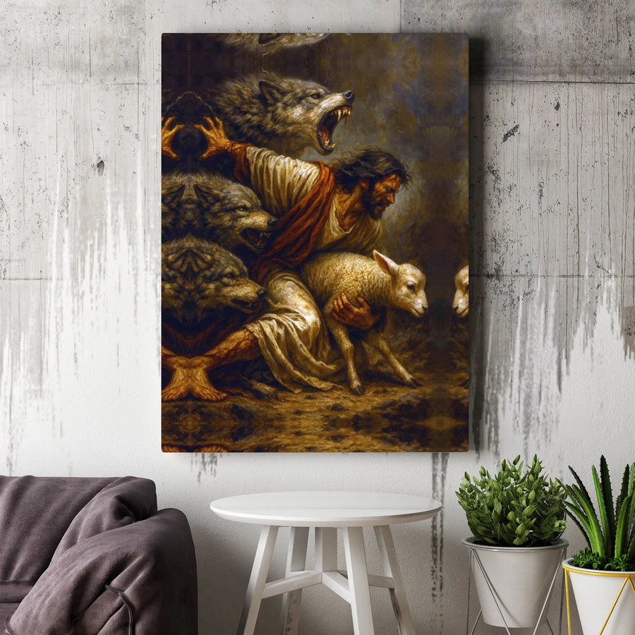 Jesus Good Shepherd Canvas Art | Religious Wall Decor Featuring Protecting Lamb from Wolves | Premium Gallery Wrap Print | Faithful Home Decor Gift